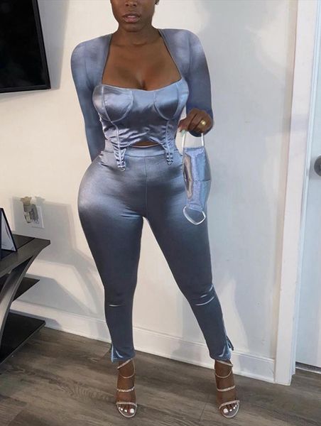

spring street casual style womens pants long sleeve short elastic pure color two piece sets, White