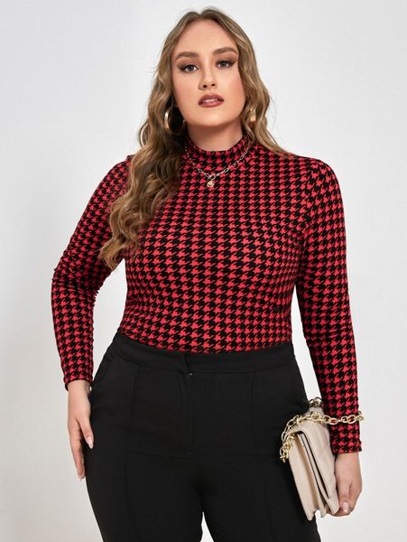 

plus mock neck houndstooth print tee u7en#, Black