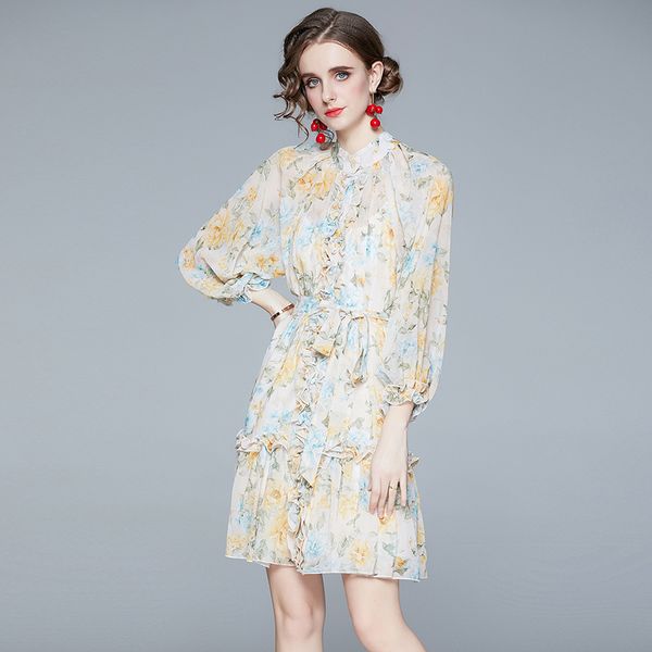 

women spring designer elegant ruffles chiffon floral print dress female office party robe lady casual shirt dresses vestidos 210525, Black;gray