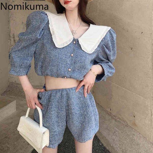 

nomikuma korean women 2pieces suits hit color peter pan collar puff sleeve short coat + high waist wide leg shorts sets 6h160 210427, White