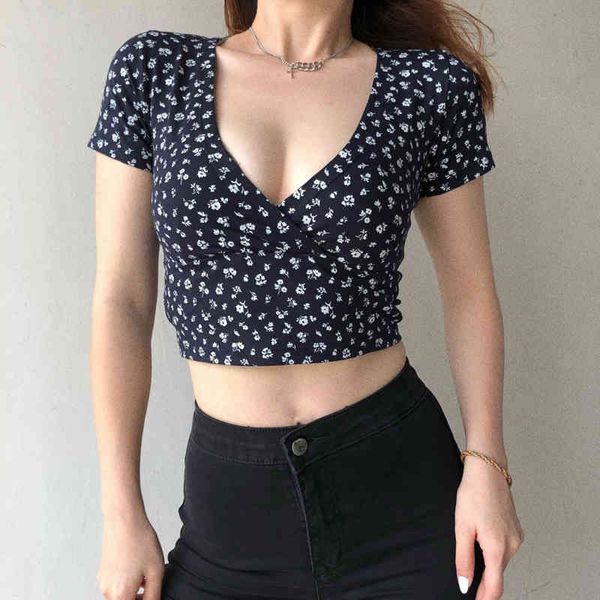 

women floral print crossover v-neck short sleeved crop cotton blend crop tee 210419, White
