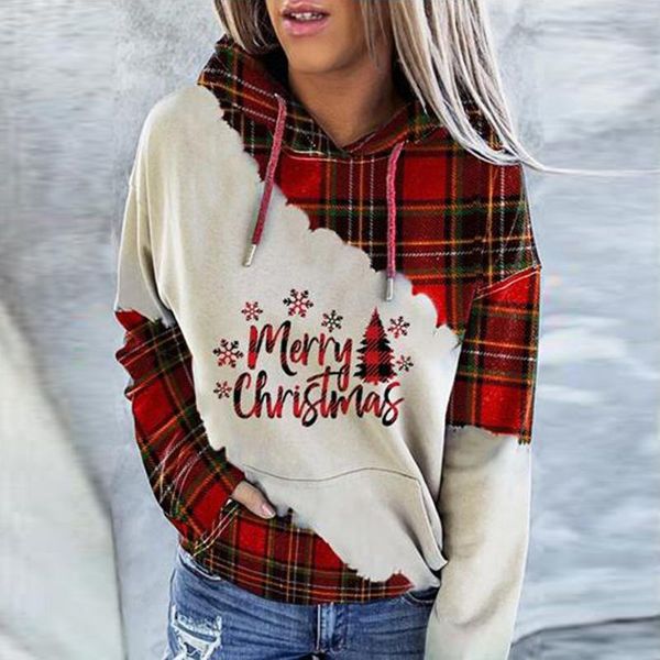 

women's hoodies & sweatshirts winter clothes women christmas letters printed plaid stitching oversized hoodie long sleeves sweatshirt s, Black