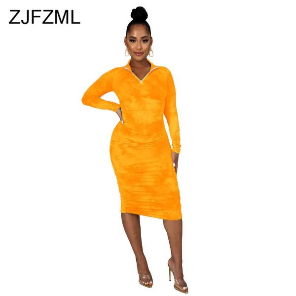 

casual dresses ruched tie dyeing print bandage midi dress women fashion long sleeve zipper up robe femme autumn elegant slim fit skinny, Black;gray