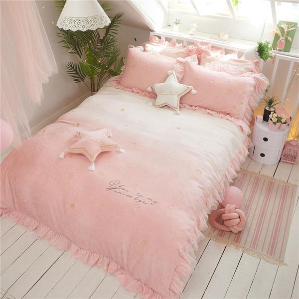 

bedding sets pink white gradient color velvet fleece winter warm girl set star embroidery lace duvet cover pillowcase bed sheet/linen