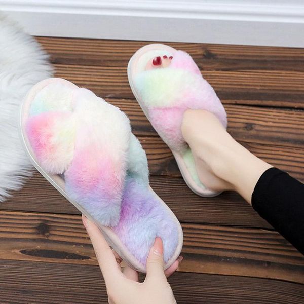 

winter women house slippers faux fur open toes colorful cross vamp furry warm flats female slides cozy woman shoes, Black