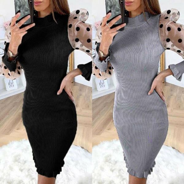 

autumn winter warm sweater long-sleeve dress womens polka dot puff sleeve bodycon ladies party vests casual dresses, Black;gray