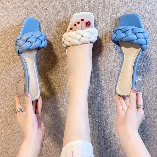 

woman slippers transparent high heels summer shoes square heel weave toe ladies leather, Black