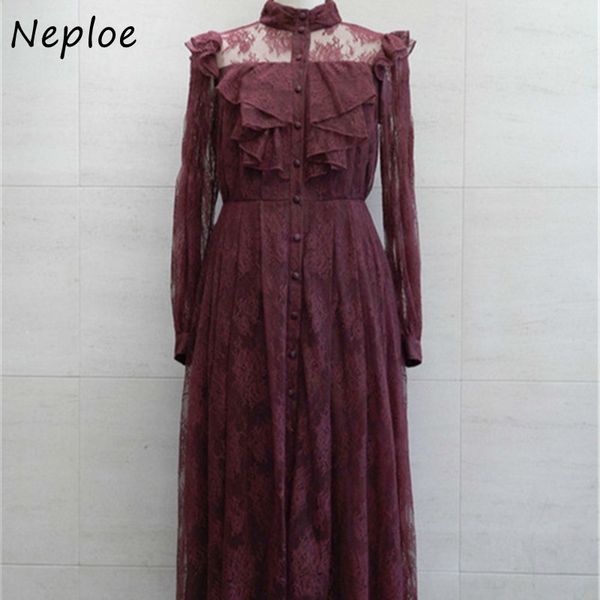 

neploe spring sweet lace patchwork women dress japan style chic ruffles vestidos slim waist single breasted dresses 210510, Black;gray