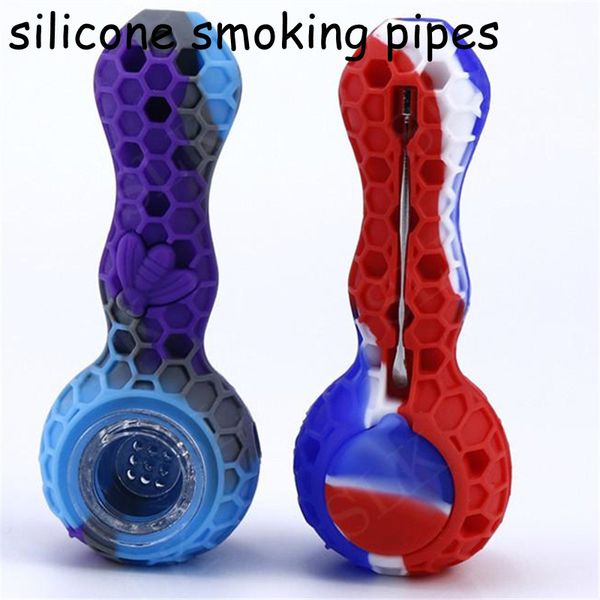 FDA Silicone Smoking Tube Waterpipes com tigela de vidro Silicon Silicon Tobacco Herb Tubulações Aleas Dab Rigs Colher Hand Smokepipe