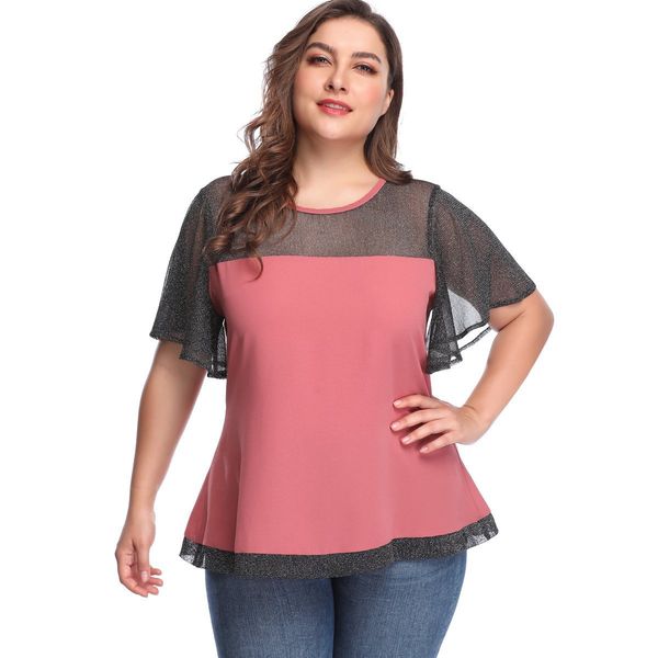

women's plus size hy38136# large color contrast lace stitching top