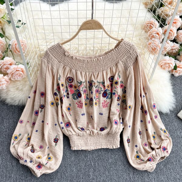 

boho short 2021 floral embroidery off the shoulder summer harvest long chic female blouse hippie sweaters, White