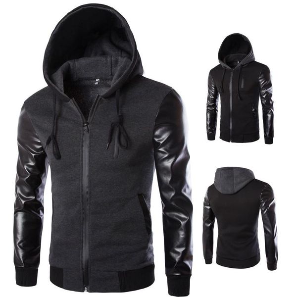 

men's jackets cool hooded jacket men fashion pu leather sleeve splice bomber casual windbreaker blouson veste sweat homme streetwear, Black;brown