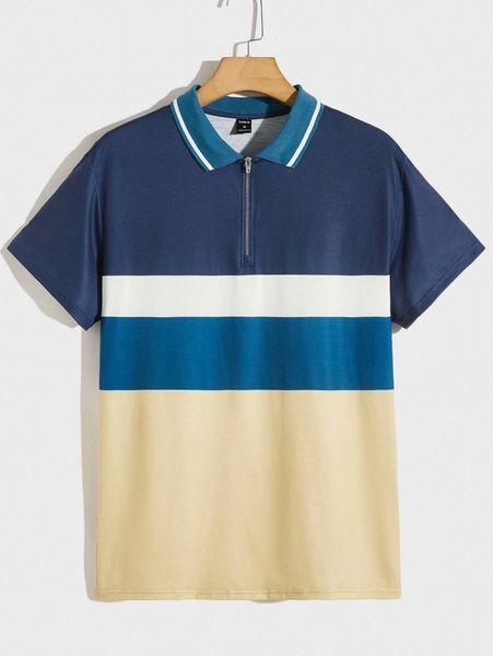 

men colorblock half zipper placket polo shirt k66a#, White;black