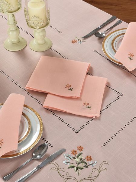 

table cloth [camellia casa]fabulous light coral tablecloth, hemstitched & embroidered 100% by hand, set with 8 napkins,linen look washable