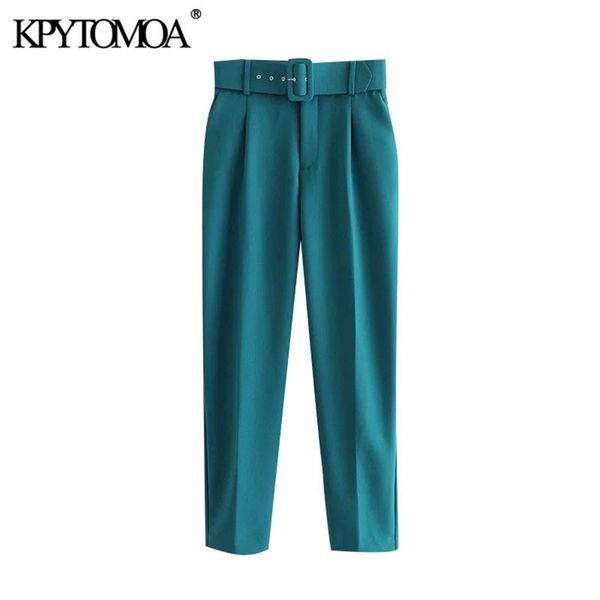 

kpytomoa women fashion with belt side pockets office wear pants vintage high waist zipper fly female ankle trousers mujer 210925, Black;white
