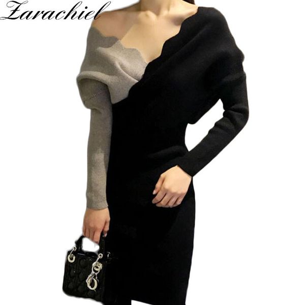 

women thicken slim knitted autumn winter stitching hit color cross v-neck long batwing sleeve wrap sweater dress 210416, Black;gray
