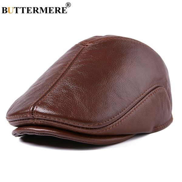 

buttermere genuine leather flat caps berets men brown duckbill hat cowskin male real autumn winter cabbie driving 210429, Blue;gray