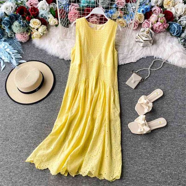 

summer arrival women ladies sleeveless loose dresses beach garment casual hollow out o-neck solid long dress 210430, Black;gray
