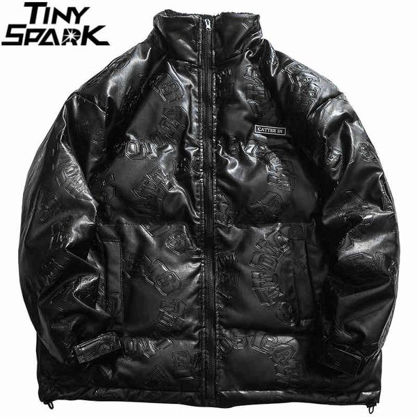 

pu leather men's quilted et, hip hop windbreaker, harajuku lyrics, casual, pure cotton, black, winter, 2021