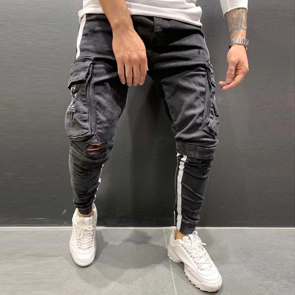 

mens jeans slim harem multi-pocket with letter printing cargo pants striped fashion hip hop denim trousers black pencil pants, Blue