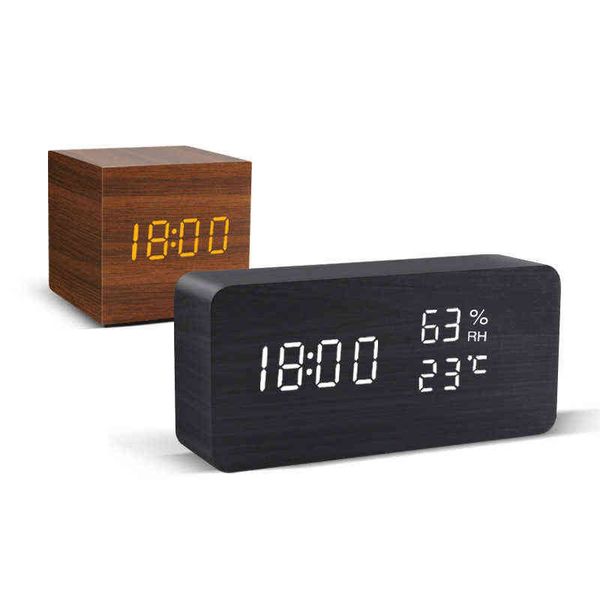 Despertador LED Wooden Watch Table Controle de voz Digital Wood desesperador USB / AAA Powered Electronic Desktop Clocks 211111