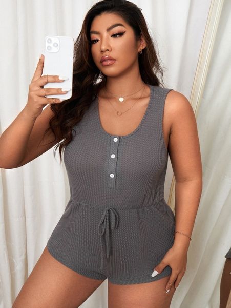 

plus quarter button knot waist sleep romper j8zv#, Black;white