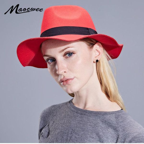 

maocwee wool fedoras hat with striped ribbon european us men women jazz felt trilby cap formal party panama hats wide brim, Blue;gray