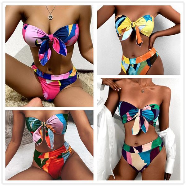 

women's swimwear bowknot women bikini set high-waist two piece swimsuit 2021 bright color girl beach bathing suit biquinis, White;black