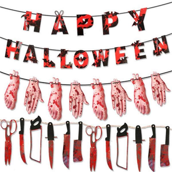 

party decoration 50set halloween bloods knives cut off hand feet paper banner horro ghost hallowen diy decor happy for home