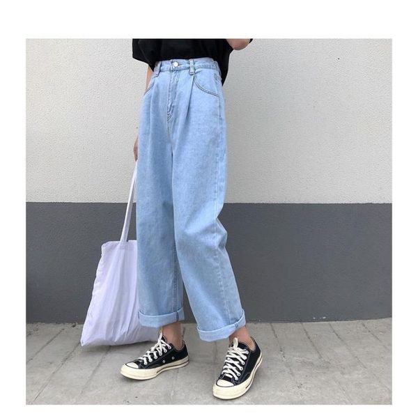 

women's jeans summer small xuanya style elastic waist drape korean loose straight nine-point pants female student casual 2021, Blue