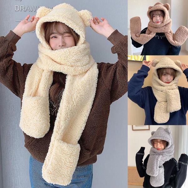 

hats, scarves & gloves sets cute bear ear hat scarf set winter women novelty caps warm casual plush hats solid fleece girl kawaii accessorie, Blue;gray