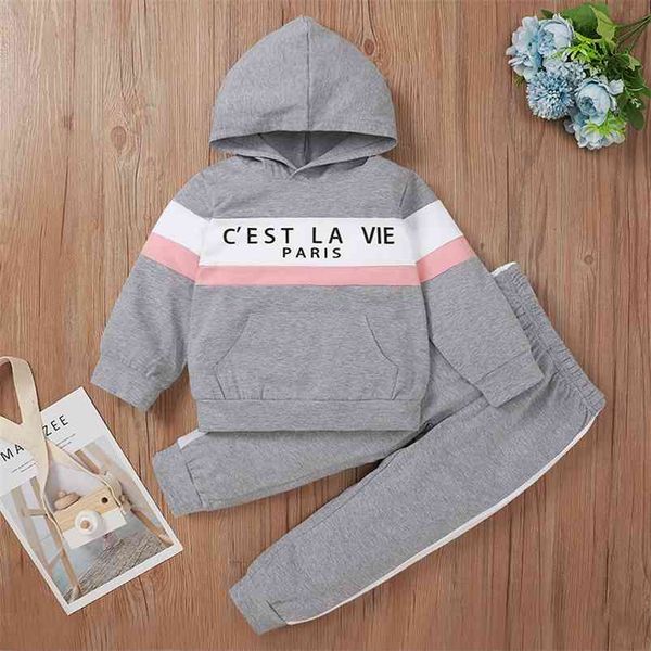 Inverno crianças conjuntos de manga longa casual o pescoço patchwork letra t-shirt Calças cinza 2 pcs meninas meninos roupas 210629