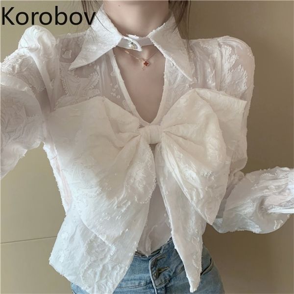 

korobov korean chic women blouses vintage elegant lace long sleeve female shirts new bow crop blusas mujer 210430, White