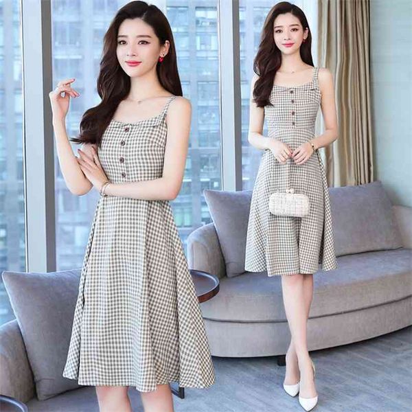 

korean plus size boho midi sundress summer vintage plaid chic beach dresses elegant women bodycon party vestidos 210528, Black;gray