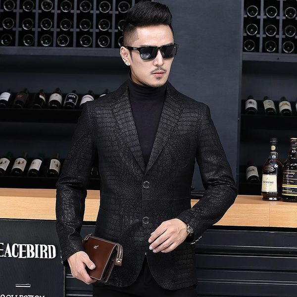 

men's leather & faux lhfff business men sheepskin genuine blazer jacket slim fit single breasted office work crocodile pattern, Black