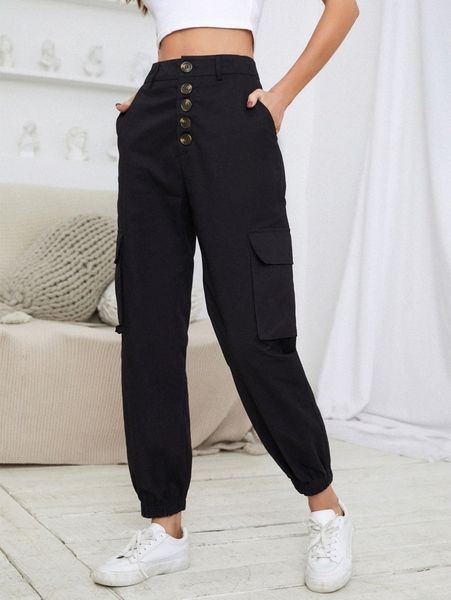 

button fly flap pocket cargo pants q7le#, Black;white