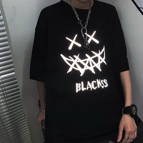 

summer korean trend ins dark hip-hop reflective printing personality short sleeve black cool t-shirt for men women women's, White