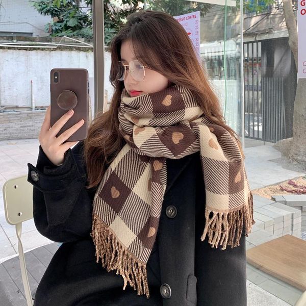 

scarves wakuta heart plaid scarf women 2021 korean fashion vintage sweet warm long tassel female all match autumn winter, Blue;gray