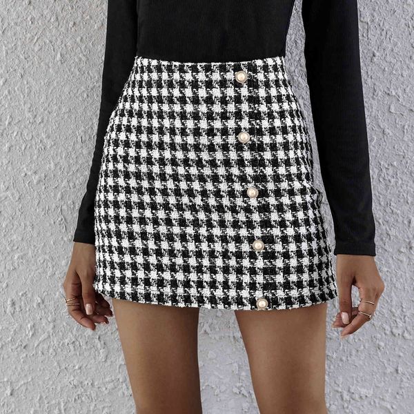 

skirts autumn spring a line plaid patchwork women bottoms casual mini high waist bodycon slim button skirt, Black