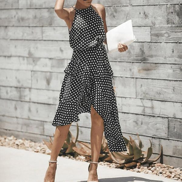 

casual dresses 2021women dark blue boho loose sleeveless holiday dot print long maxi dress evening party beach summer sundress, Black;gray