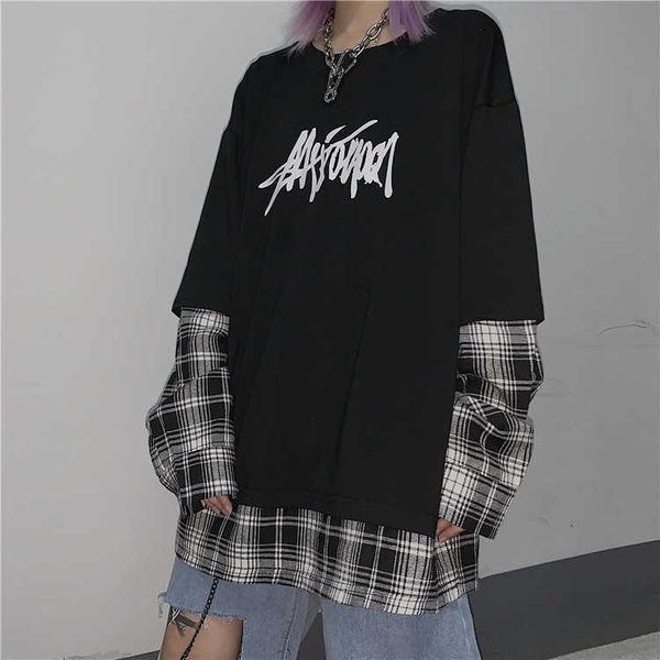 

autumn korean ins harajuku streetwear vintage dark letter print fake two bf loose long-sleeved plaid casual women sweatshirt 210608, Black