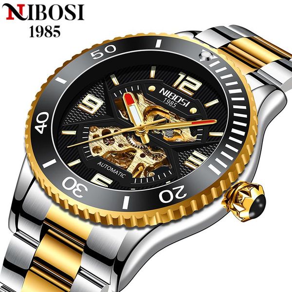 

wristwatches nibosi fashion design men watches automatic watch stainless steel waterproof business sport mechanical wristwatch, Slivery;brown