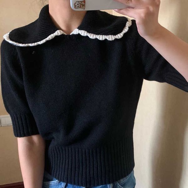 

women's sweaters sweaters peter pan collar sweater black knitted short sleeve color patchwork female knit pul mqfk, White;black