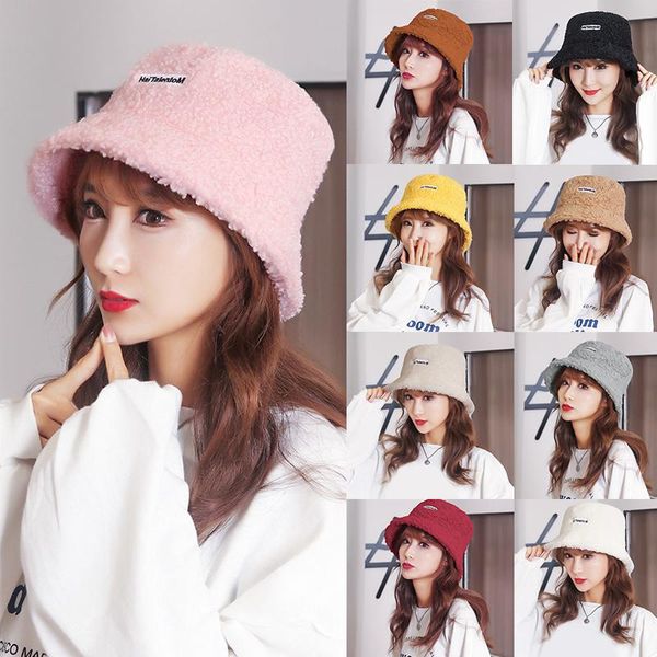 

wide brim hats winter warm lamb wool fisherman hat women men harajuku bucket letter plush thicken outdoor panama cap, Blue;gray