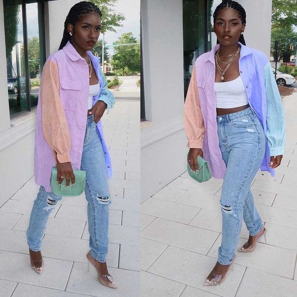 

color patchwork blouse 2021 korean style elegant sleeve button up shirts for work casual long shirt women, Black;white