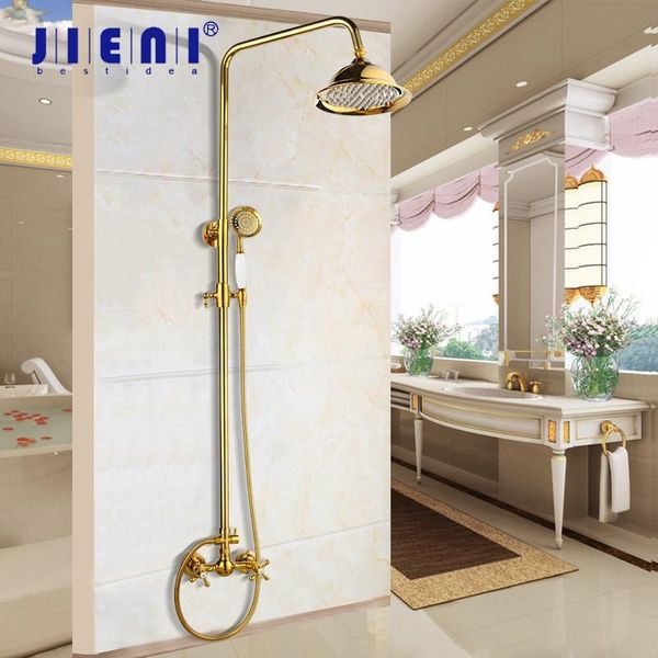 

luxury golden plated soild brass shower faucet set wall mounted single ceramic handle tub mixer hand spray bathroom sets