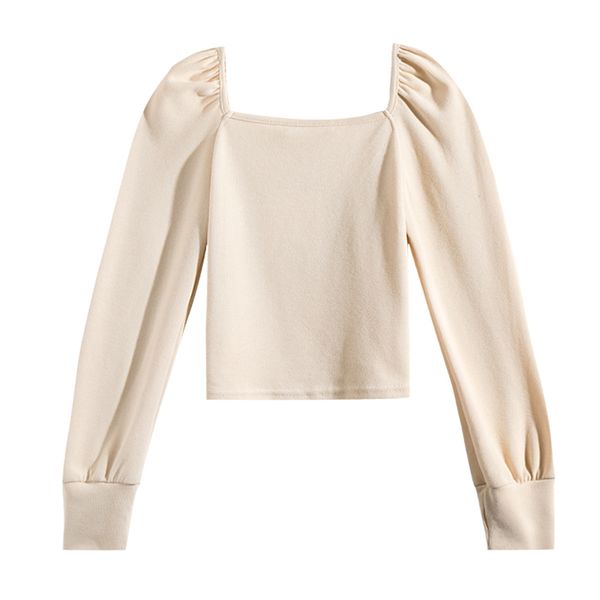 

women apricot black pullover square collar knitted t-shirt puff long sleeve b0715 210514, White