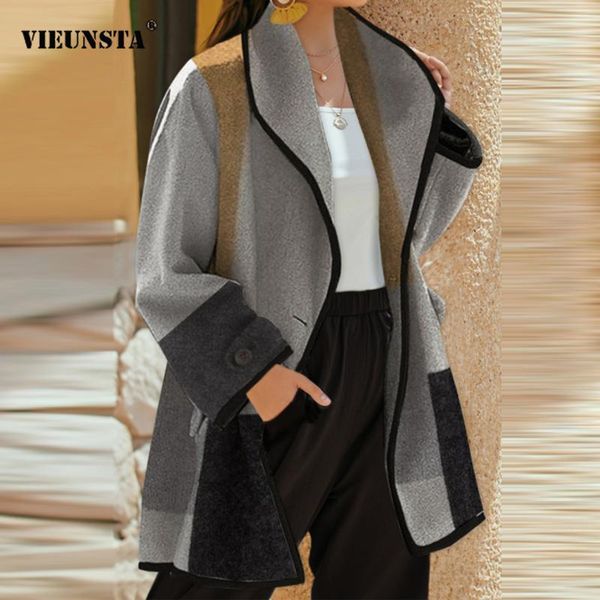 

women's wool & blends elegant lapel collar women plaid print jacket vintage button patchwork overcoat autumn winter long sleeve cardiga, Black