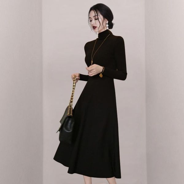 

runway elegant ladies knitted dress winter long sleeve high collar black warm bottoming midi ball gown for women casual dresses, Black;gray