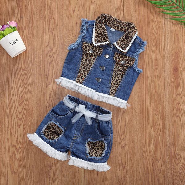 

sunsiom fashion kids baby girls clothes sets leopard sleeveless single breasted vest coat +lace denim shorts suits1-6years, White